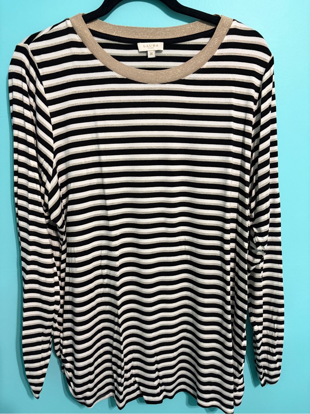 Laura Black & White Striped Long Sleeve Top stretch fabric with subtle Gold trim